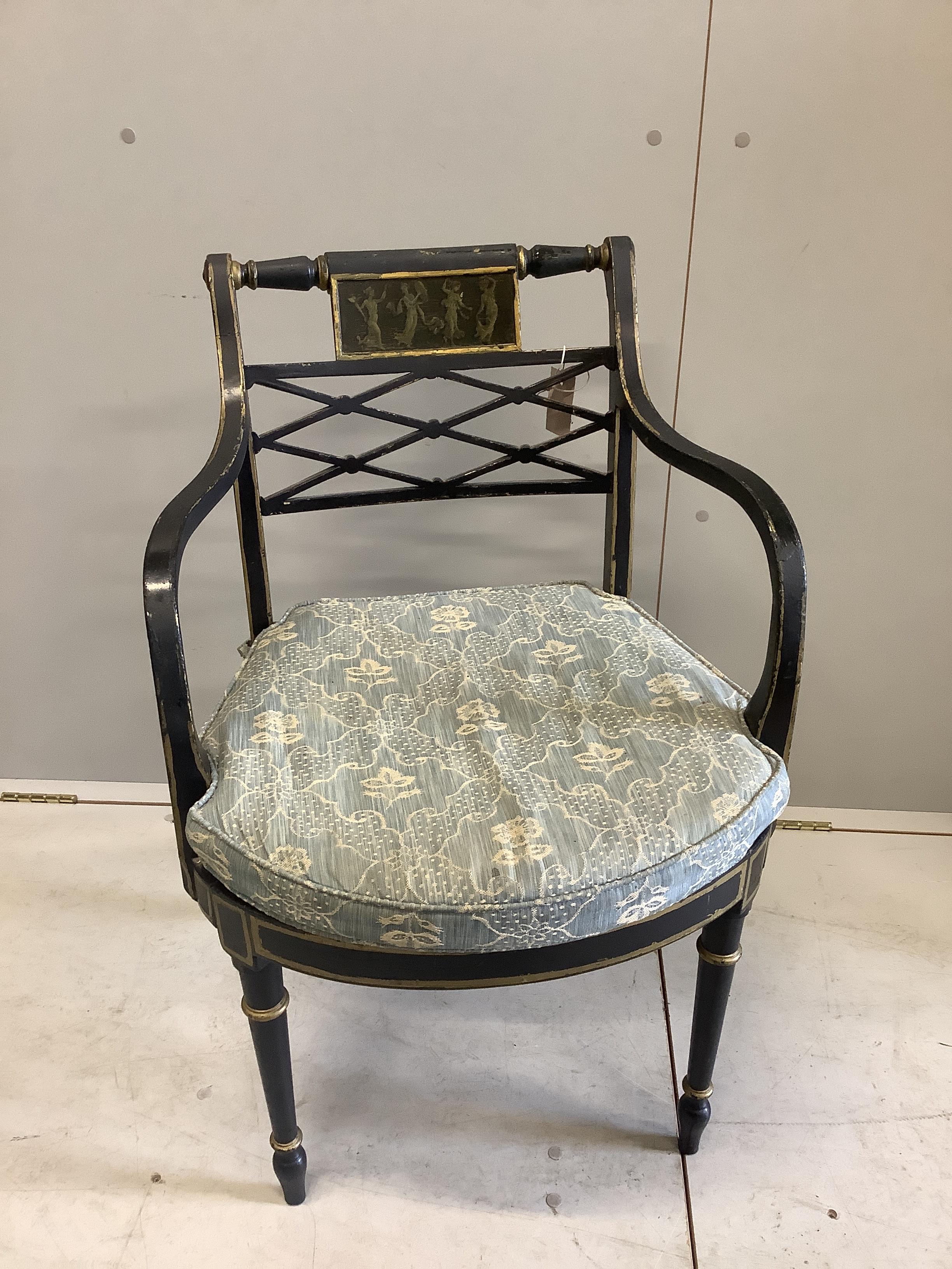 A Regency painted cane seat elbow chair, width 53cm, depth 47cm, height 83cm